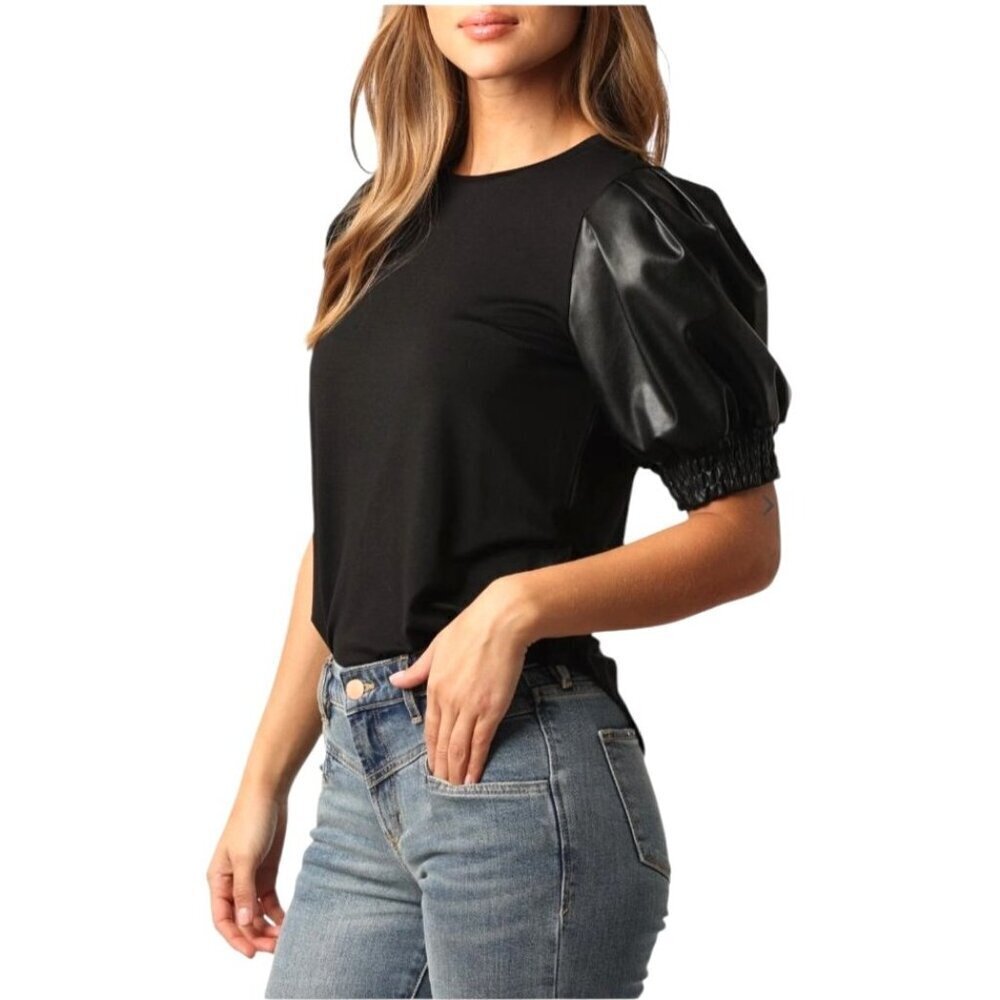 Another Love Shirt Women XS Black Faux‎ Leather Puff Short Sleeve Melrose Top